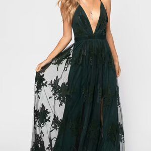 TOBI - ANALISE EMERALD PLUNGING FLORAL MAXI DRESS XS PETITE
